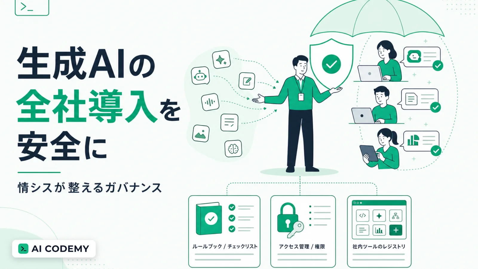 生成AIの全社導入で情シス・IT管理者がShadow AI対策と権限設計を整えガバナンスを利かせる流れを示すイメージイラスト
