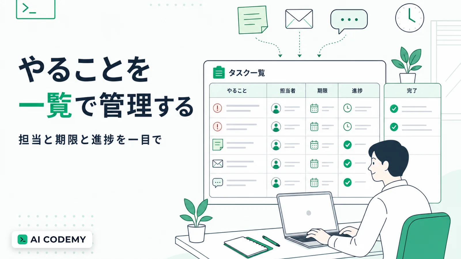 付箋やメールやチャットに散らばったやることを一覧に集め、担当と期限と進捗を管理し、期限が近い順に並べて遅れを知らせる仕組みをClaude Codeで内製する流れを示すイメージイラスト
