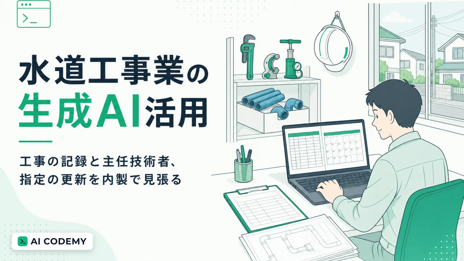 水道工事業の給水装置工事の記録や主任技術者の選任をClaude Codeで内製して見張るイメージイラスト