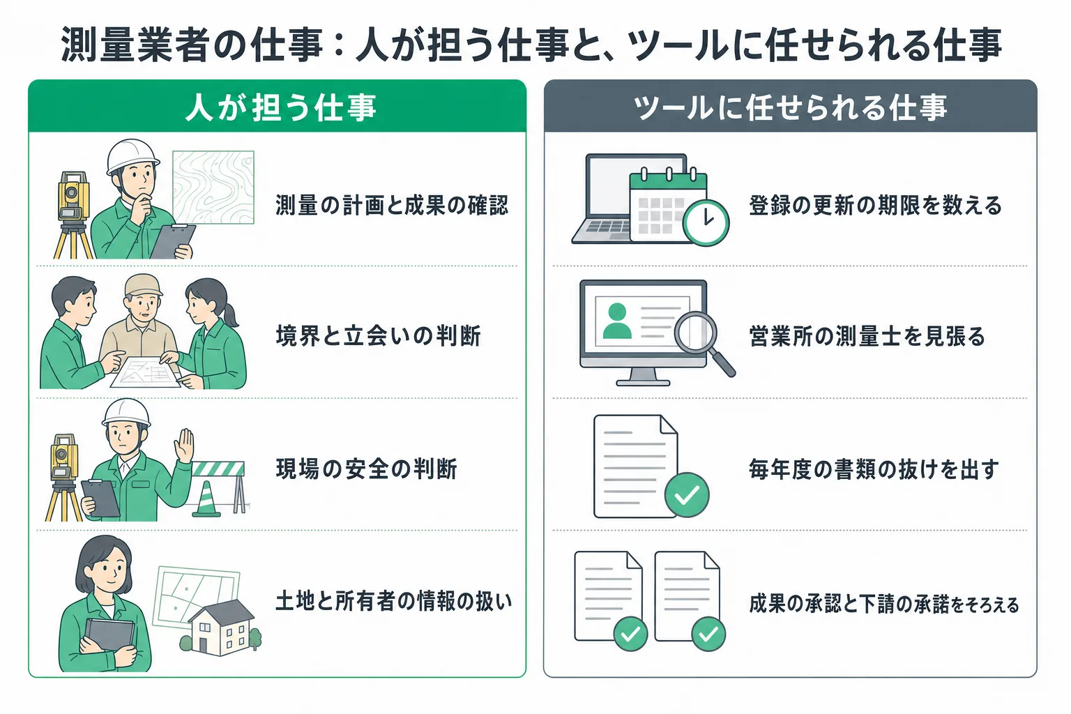 測量業者の業務で人が担う仕事と、ツールに任せられる仕事