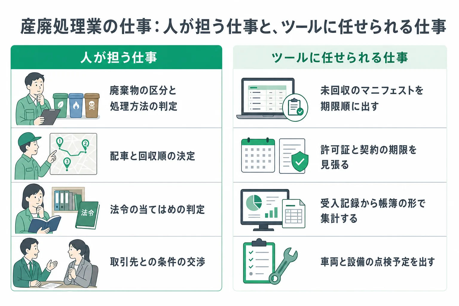 産業廃棄物処理業の業務で人の手に残る作業と、内製で置き換えられる範囲